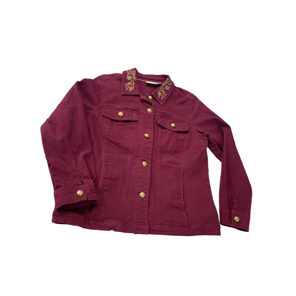 Denim Co. Womens Red Embroidered Gold Buttons Denim Jacket Size S SKU 9458
